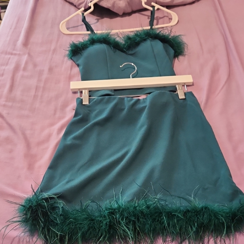 Teal Feather Trim Mini Dress